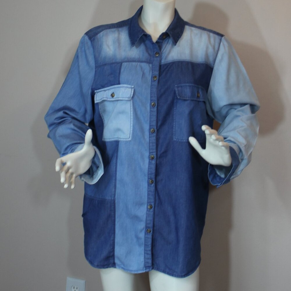 Pilcro Shirt Button Up Denim Chambray Patchwork Long Sleeve Blue XL